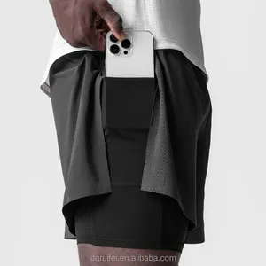 Custom Low Elastic Waist Solid Breathable Split Cut Workout Shorts 5 Inch Inseam Sporty Man Polyester Elastane 2 In 1 Shorts Men