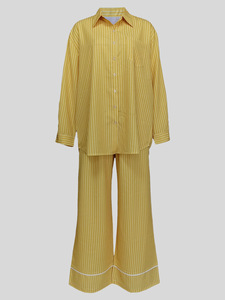 Women's Collared Long-Sleeved Shirt With Elastic Waist and Striped Pant Legs, 2-Piece <b>Set</b> Fashion - Product Image 4