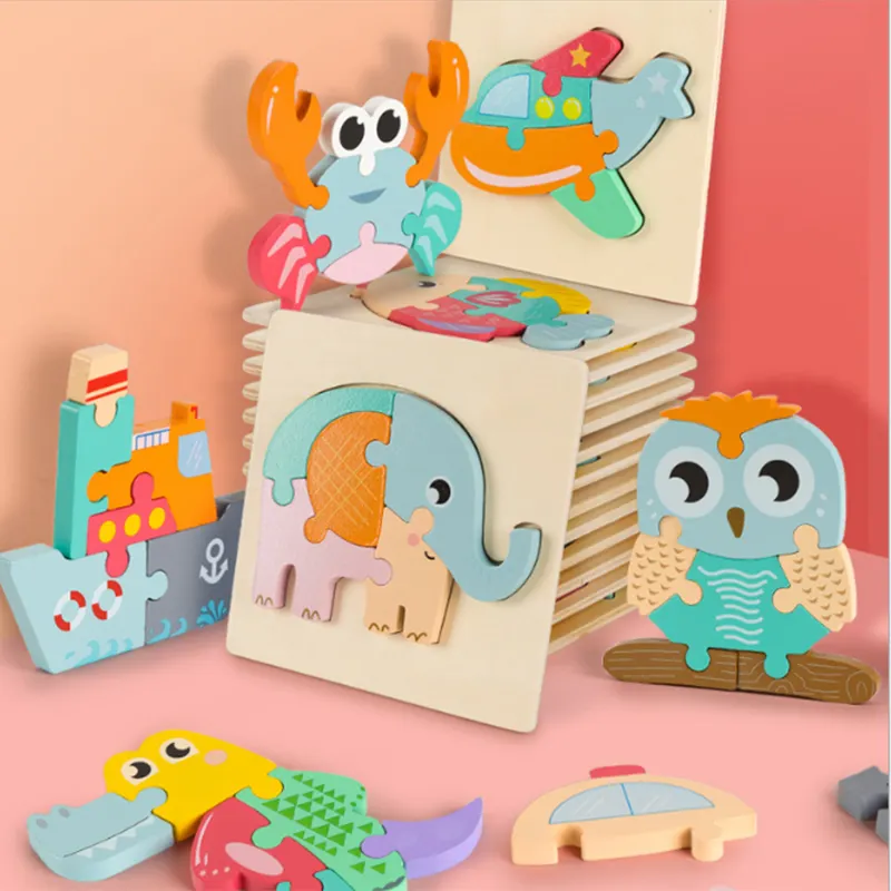 Venta caliente Montessori Juguetes Educativos de madera para niños búhos rompecabezas 3D para niños pequeños enseñanza de bebés
