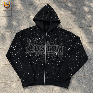 Sweat à capuche zippé personnalisé de luxe, orné de pierres précieuses brillantes et de strass surdimensionnés, effet délavé, style streetwear vintage pour homme - Product Image 1