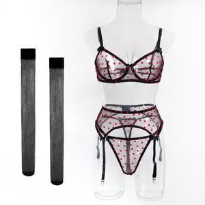 Nuovo Design USA: Lingerie Sexy Nera con Ricamo Floccato, Decorazione a Cuoricino Rosso e Fiocco, Stile Tentazione Cuckold, Abbinabile a Calze XL - Product Image 6