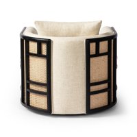 Fauteuil pivotant moderne et minimaliste en tissu beige, ensemble design avec cadre noir, durable, pour salon de luxe et projets de villas