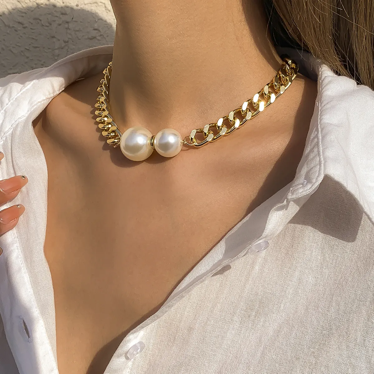 SHIXIN Hot Sale Punk Link Chain Necklace Classic White Baroque Pearl Necklace Gold Silver Choker Necklace Jewelry Men Women