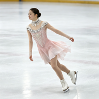 Robe de patinage artistique rose à col haut et manches longues, en tissu maillé avec strass pour enfants et adultes, pour compétitions et spectacles sur glace