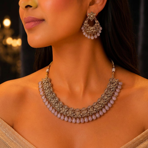 Gold Plated Alloy Fancy Collection Geometric Zircon <b>Pearl</b> Kundan Certified High Quality Latest Designed <b>Necklace</b> <b>Set</b> Jewelry - Product Image 2