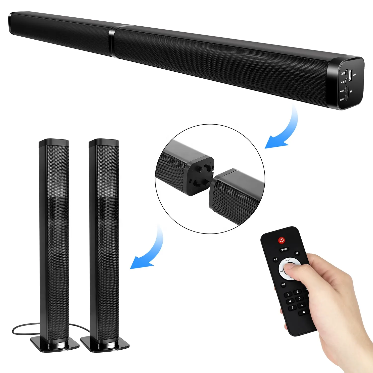 Speaker Soundbar TV Gigi Biru Sistem Teater Rumah, Nirkabel 37 Inci Optik/Aux/RCA Koneksi, Dapat Dipasang Di Dinding, Remote Control