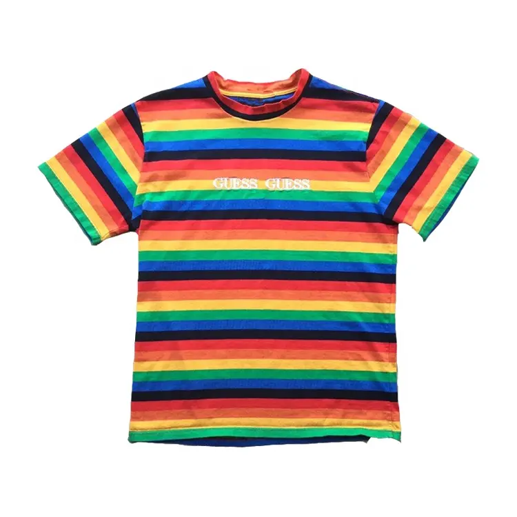 Ropa de calle al por mayor, camiseta de alta calidad, camisetas bordadas con etiqueta personalizada, camiseta a rayas de arco iris