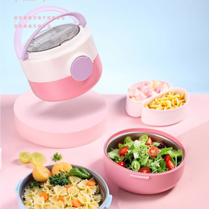 Boîte à lunch minimaliste double couche en acier inoxydable ronde avec compartiment à sauce pour étudiants et employés de bureau avec poignée pour couverts - Product Image 2