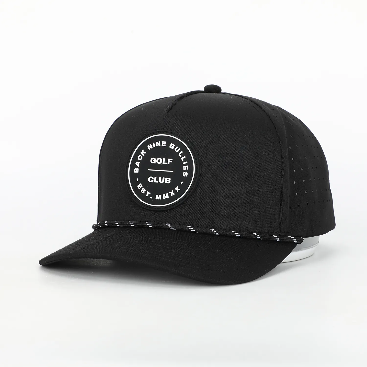 BSCI Oem Custom PVC Patch Logo 5 Panel Rope Golf Baseball Cap,Laser Cut Hole Perforated Gorras,Black Polyester Spandex Dad Hat