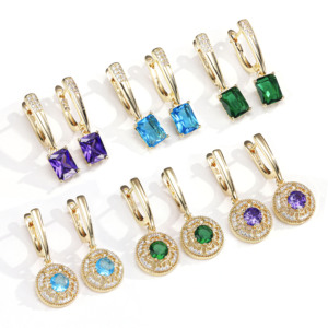 女性用大きなキュービックジルコニア丸い色の石イヤリング,Mジュエリー卸売真鍮14K金メッキファッションイヤリング - Product Image 2