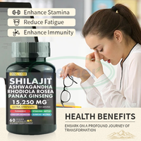Complément Énergétique OEM à Base d'Extrait de Shilajit, Ashwagandha, Rhodiola Rosea et Racine de Ginseng Panax - Capsules de Ginseng Rouge Coréen Naturel