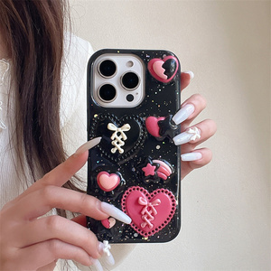 Black Glitter Love Bow DIY Mobile Phone case for <b>iPhone</b> 17 Air 16 15 14 13 Pro Max bling Resin Flower DIY Star 3D back Cover - Product Image 6