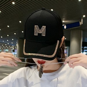 <b>Black</b> <b>Baseball</b> <b>Cap</b> With Rhinestone M Letter Adjustable Size Canvas Women's Hat Fashionable Simple Design - Product Image 2