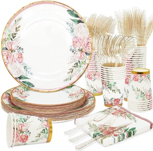 Goedkope Luxe Party Benodigdheden Bruiloft Wegwerp Servies Sets Bruids Douche Bloemen Papieren Borden