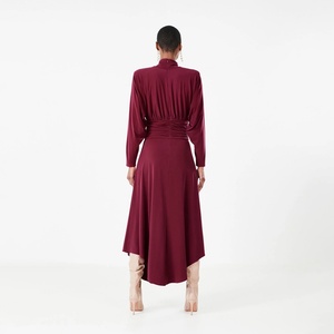 Fashion Elegant Autumn Casual A-Line Maxi Turtleneck <b>Dress</b> with Ruched Soft Stretchy <b>Jersey</b> Back Zipper Knit - Product Image 4