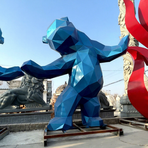 Escultura de Acero Inoxidable Tallada a Medida, Par de Animales Grandes, Panda de Bienvenida, Acabado Pintado Facetado, Decoración Comercial para Calle - Product Image 1