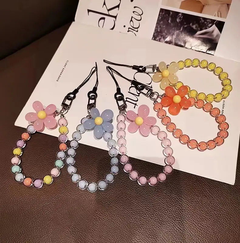 Hete Verkoop Handgemaakte Kristallen Kralen Armband Lanyard Bedelketting Voor Telefoonhoes Op Maat Gemaakte Bloem Mobiele Telefoon Ketting Polsbandjes