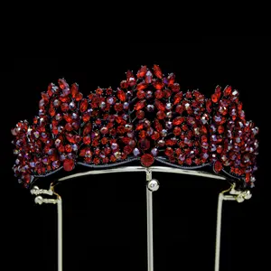 Accesorios para el cabello barrocos galvanizados de aleación de Tiara nupcial de cristal rojo para la boda de la Reina