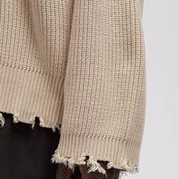 Pull tricoté unisexe streetwear déchiré et vieilli couleur crème, à ourlet effiloché, chaud pour l'hiver, style universitaire oversize pour homme, personnalisable