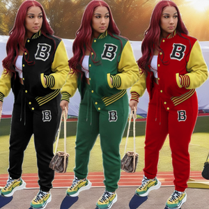 Ensemble jogging femme 2 pièces : veste de baseball décontractée longue à carreaux et pantalon skinny uni – Collection Automne 2025 – Grande Vente - Product Image 2