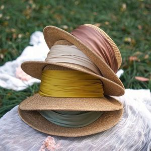 Wholesale Female Straw <b>Hat</b> With Satin Ribbon Wide Brim Sun Beach <b>Hat</b> <b>Summer</b> French Flat Top Bowler Straw <b>Hat</b> - Product Image 1