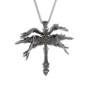 Vintage American Style Hip Hop Trend Necklace Silver Six Wings Angel Wings <b>Cross</b> Pendant on Link <b>Chain</b> Made of Zinc Alloy - Product Image 1
