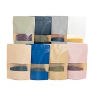 Sacs d'emballage alimentaire en papier kraft recyclable imprimés sur mesure avec fenêtre transparente, pochettes multicolores à fond plat