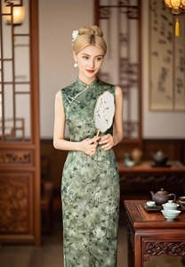 Nature's Green Robe longue Cheongsam sans manches traditionnelle chinoise Qipao <span class=keywords><strong>Daiily</strong></span> Gathering pour femmes - Product Image 4