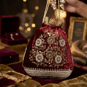 Maroon Velvet Embroidered Beaded Clutch <b>Bag</b> With Chain Strap For Evening Party - Product Image 2