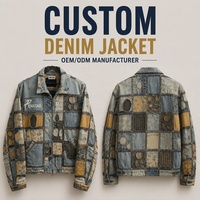 Veste en jean pour homme personnalisée, de haute qualité, avec fermeture éclair, patchwork vieilli, délavée à l'acide, broderie de patchs, empiècements, col rabattu