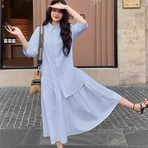 Phụ Nữ Giản Dị Của Dài Ăn Mặc Trong Màu Xanh Hàn Quốc & Pháp Mori Phong Cách Thiết Kế Đa Năng Cảm Giác Áo Sơ Mi Không Thường Xuyên Dài Chiều Dài - Product Image 2