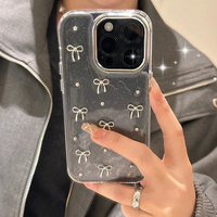 INS Corée Glitter 3D Argent Arc Perles Téléphone étui pour iphone 16 15 14 13 12 11 Pro Max 7 8 Plus X XS Époxy Shell Fille Couverture Transparente