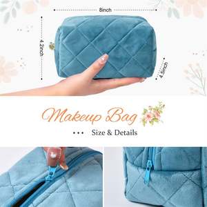 Mode féminine matelassé recyclé coton toile carré cosmétique stockage fermeture à glissière maquillage organisateur étui sac lettre motif - Product Image 3