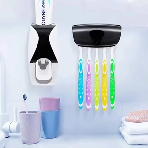Set Dispenser Automatico per <span class=keywords><strong>Dentifricio</strong></span> e <span class=keywords><strong>Porta</strong></span> Spazzolini a 5 Scomparti, Supporto da Parete in Plastica per Bagno - Product Image 2
