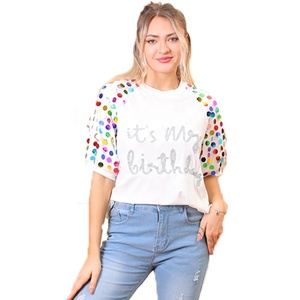WINGTU Custom Logo Puff Sleeve Embroidered <strong>Glitter</strong> Sequin <strong>Ladies</strong> Blouse <strong>Tops</strong> Womens Tshirts - Product Image 2