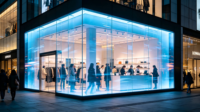 Écran transparent pour fenêtre intérieure, fenêtre extérieure orientée vers l'extérieur. Écran LED en verre transparent pour la publicité