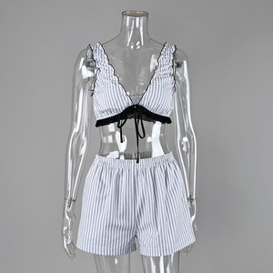 Nouvel ensemble décontracté 2026 : Haut caraco en coton et short rayé – Pyjama deux pièces confortable pour femme - Product Image 4