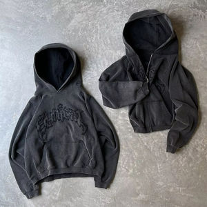 Personalizado 450g ácido lavado Vintage bordado pulóver holgado sudaderas Unisex peso pesado de gran tamaño Boxy recortado Fit Zip up Hoodie - Product Image 2