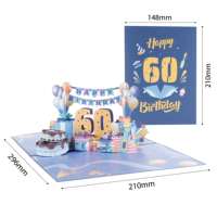 Carte de vœux 3D pop-up Winpsheng pour 60e anniversaire, découpée au laser, papier 300g, motif ballon et gâteau, personnalisable, vente en gros, fournisseur certifié FSC
