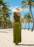 Robe longue asymétrique en velours vert olive avec bordure tressée pour femme, idéale pour les mariages, les vacances à la plage et les soirées.