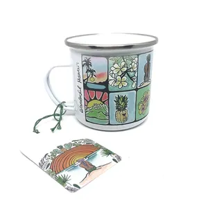 Taza de té esmaltada para acampada, platillo de porcelana esmaltada con logotipo personalizado
