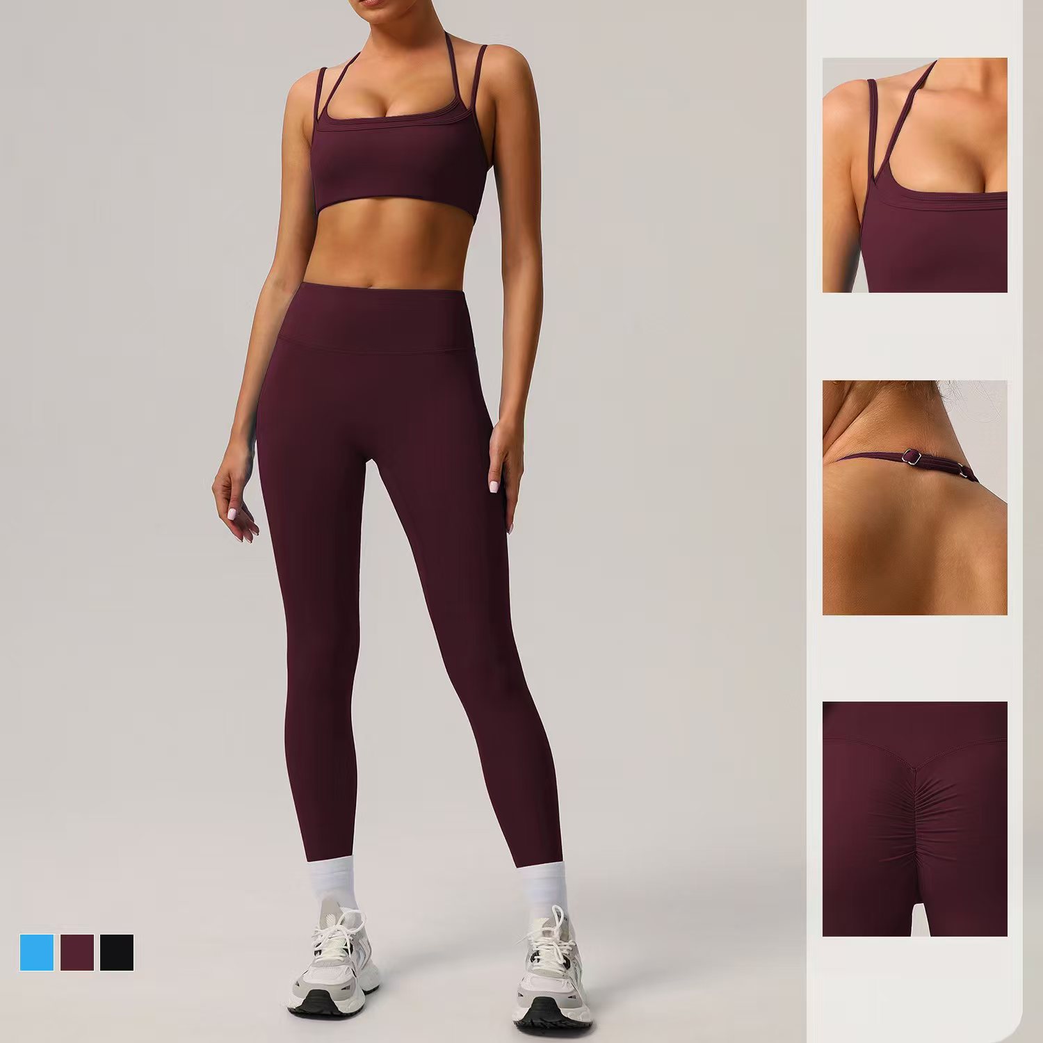 4pcs Women's Solid Pattern Fitness Gym Activewear Sets Double Straps Top Yoga Suit Zipper Tracksuits Jackets Shorts Leggings