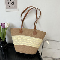 Grand sac fourre-tout en polyester à rayures pour l'été, sac à main en paille pour femme, sac à bandoulière en paille avec poignée, poignée en PU écologique