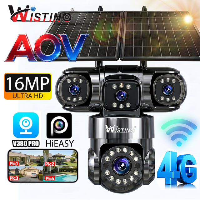 Wistino Outdoor 4G Solar Panel Camera Four Lens Four Screen Ptz Motion Detection Alarm 24/7 Hour Online Aov Solar Camera