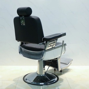Chaise de barbier classique vintage pour hommes, en cuir synthétique noir, avec structure en métal, idéale pour les salons de coiffure - Product Image 5