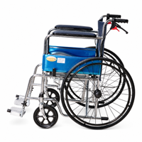 Fauteuil roulant pliable en acier inoxydable avec siège en forme de U, pneus en PU et freins à main pour personnes âgées