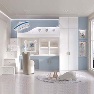 Precioso juego de muebles de madera ecológicos para dormitorio infantil con decoración de oso, litera ajustable y extensible con forma de barco y armario integrado. - Product Image 3