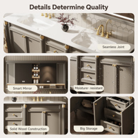 Meuble-lavabo rétro français avec double vasque, 60-92 pouces, en bois massif, autoportant, avec miroir LED intelligent et armoire