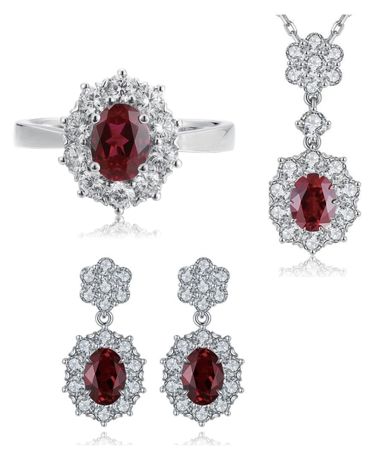 Vintage 3PCS/Set Rhodium Plated Lab Grown Ruby Bridal Ring Necklace Earrings Wedding Anniversary Sets for Engagement Party