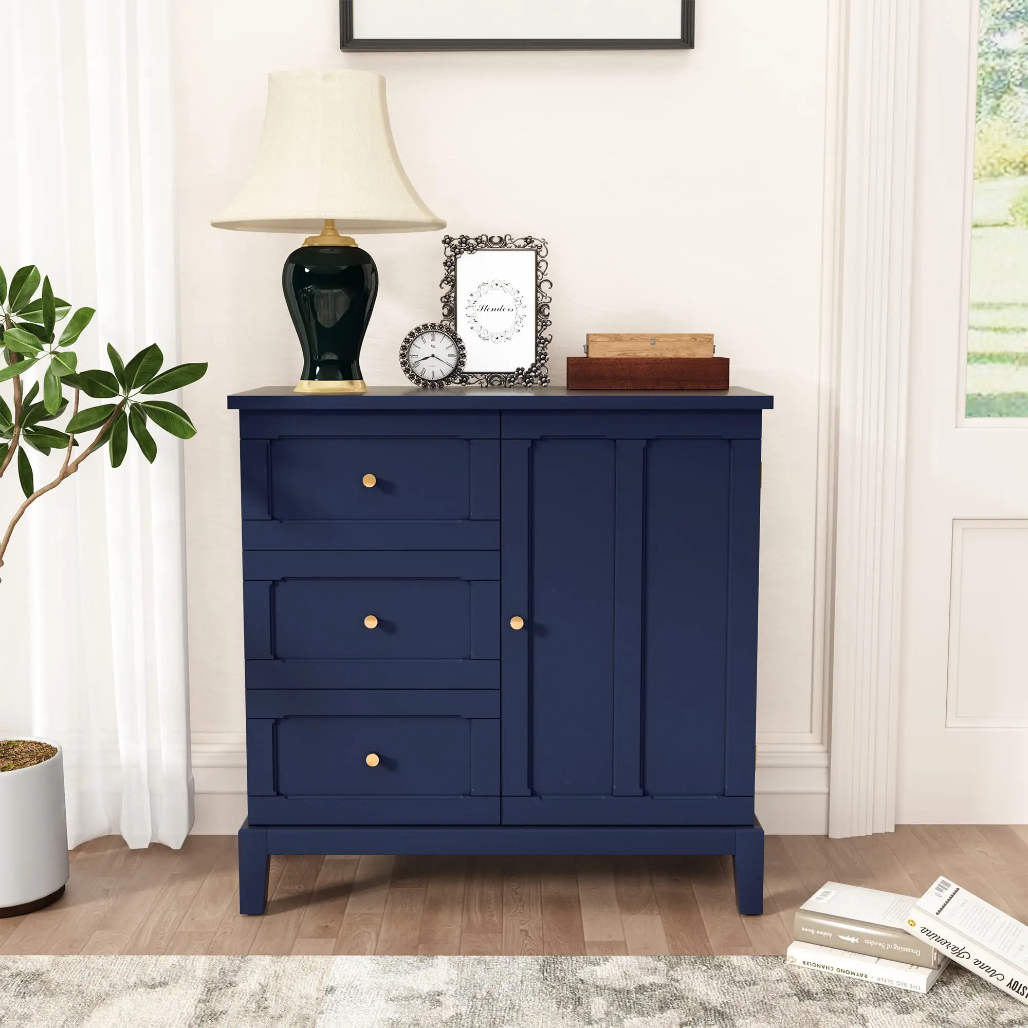 Blue Storage Cupboard with 3 Drawers and1 Door Wooden Storage Cabinet with Shelves Sideboard for Living Room